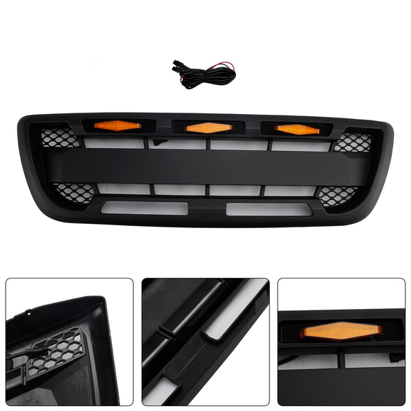 1998-2000 Ford Ranger Raptor Style Grill Black Front Bumper Replacement Grille W/ LED Light + FORD Letter