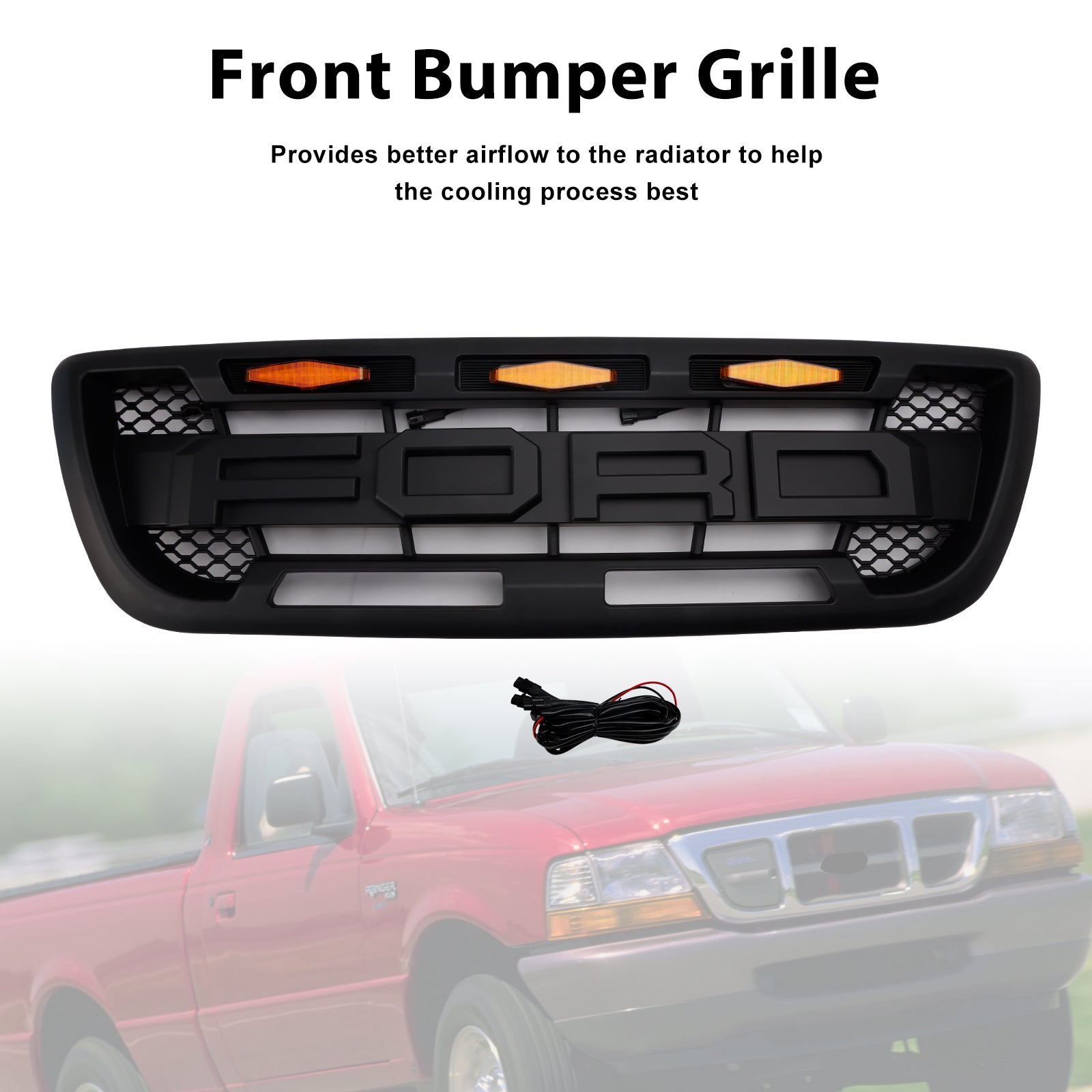 Parrilla estilo Ford Ranger Raptor 1998-2000, parrilla de repuesto para parachoques delantero negro con luz LED