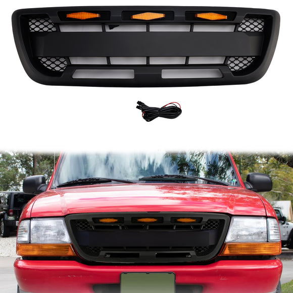 1998-2000 Ford Ranger Raptor Style Grill Black Front Bumper Replacement Grille W/ LED Light + FORD Letter