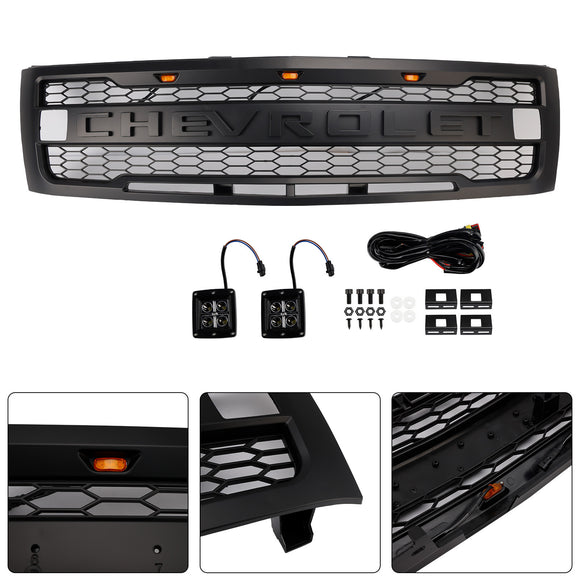 2007-2013 Chevy Silverado 1500 Raptor Style Grill Front Bumper Black Replacement Grille W/ LED