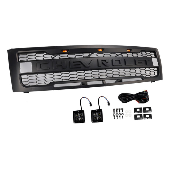 2007-2013 Chevy Silverado 1500 Raptor Style Grill Front Bumper Black Replacement Grille W/ LED