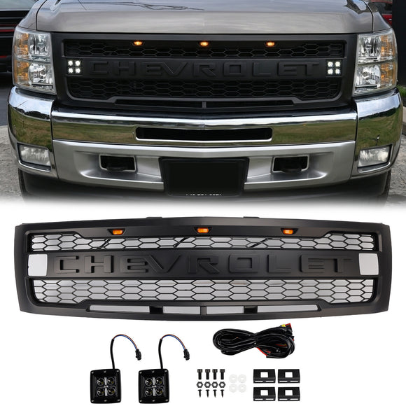 2007-2013 Chevy Silverado 1500 Raptor Style Grill Front Bumper Black Replacement Grille W/ LED