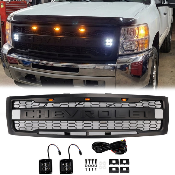 2007-2013 Chevy Silverado 1500 Raptor Style Grill Front Bumper Black Replacement Grille W/ LED