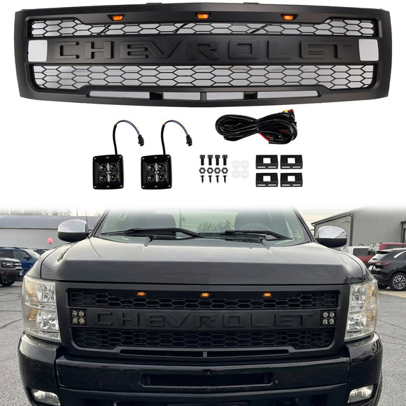 2007-2013 Chevy Silverado 1500 Raptor Style Grill Front Bumper Black Replacement Grille W/ LED