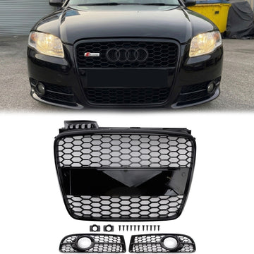 2005–2008 Audi A4 S-Line/S4 B7 Waben-Frontgrill-Set, oberer Grill + Nebelscheinwerfer-Grill, Stoßstangen-Set im RS-Stil