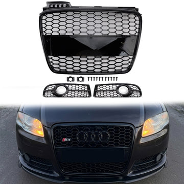 2005–2008 Audi A4 S-Line/S4 B7 Waben-Frontgrill-Set, oberer Grill + Nebelscheinwerfer-Grill, Stoßstangen-Set im RS-Stil - 0