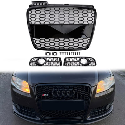 2005-2008 Audi A4 S-Line / S4 B7 Honeycomb Front Grille Kit Upper Grill + Fog Light Grille RS Style Bumper Set - 0