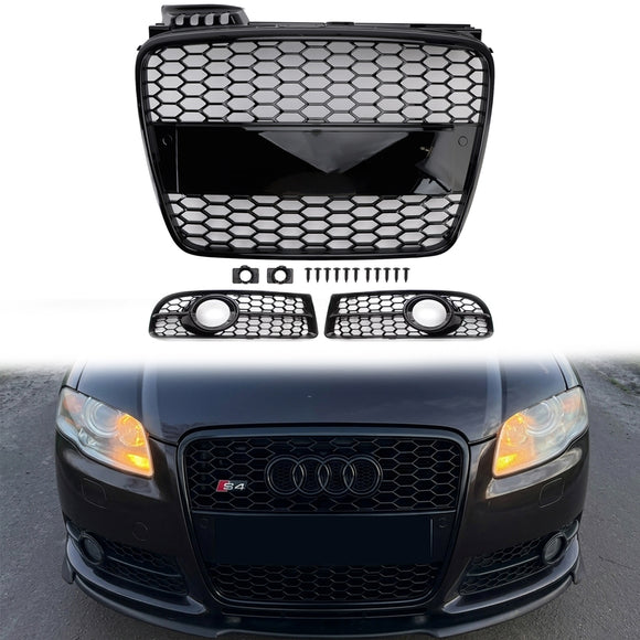 2005–2008 Audi A4 S-Line/S4 B7 Waben-Frontgrill-Set, oberer Grill + Nebelscheinwerfer-Grill, Stoßstangen-Set im RS-Stil