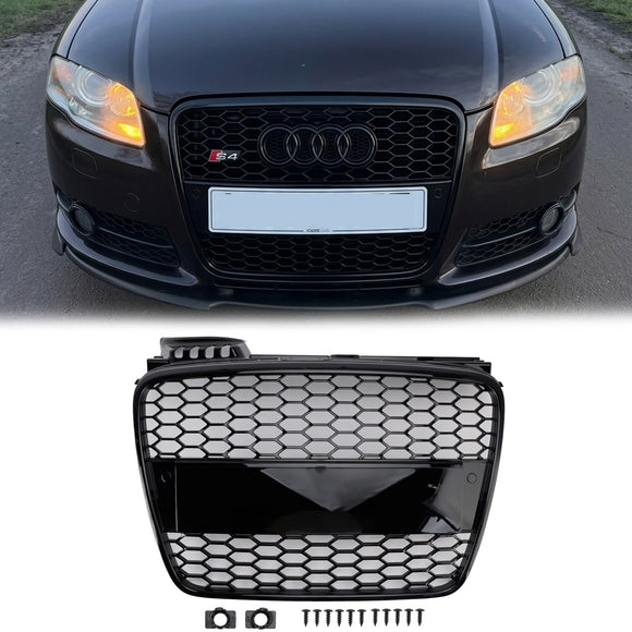 Audi A4 S-Line / S4 B7 2005-2008 Honecomb Front Grill Upper Bumper Mesh Gloss Black RS4 Style Grille