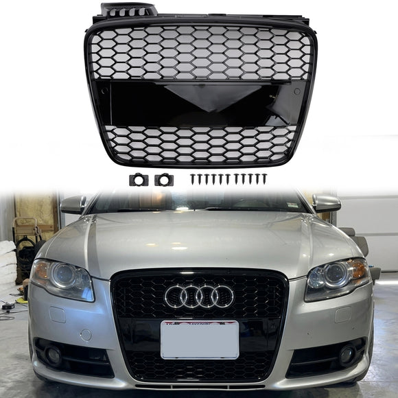 Audi A4 S-Line / S4 B7 2005-2008 Honecomb Front Grill Upper Bumper Mesh Gloss Black RS4 Style Grille