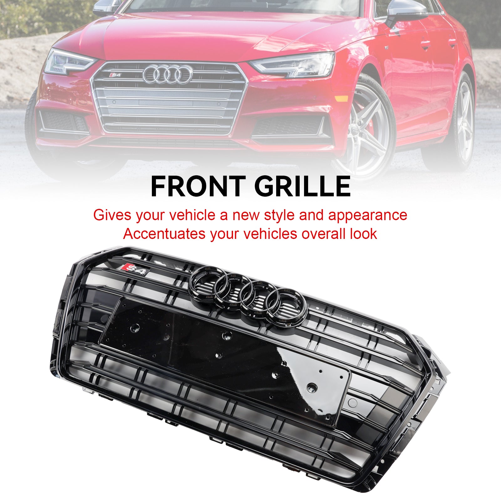 Grille de pare-chocs avant à lamelles horizontales de style Audi A4/S4 B9 S4 2016-2019, calandre noire avec emblème en anneau