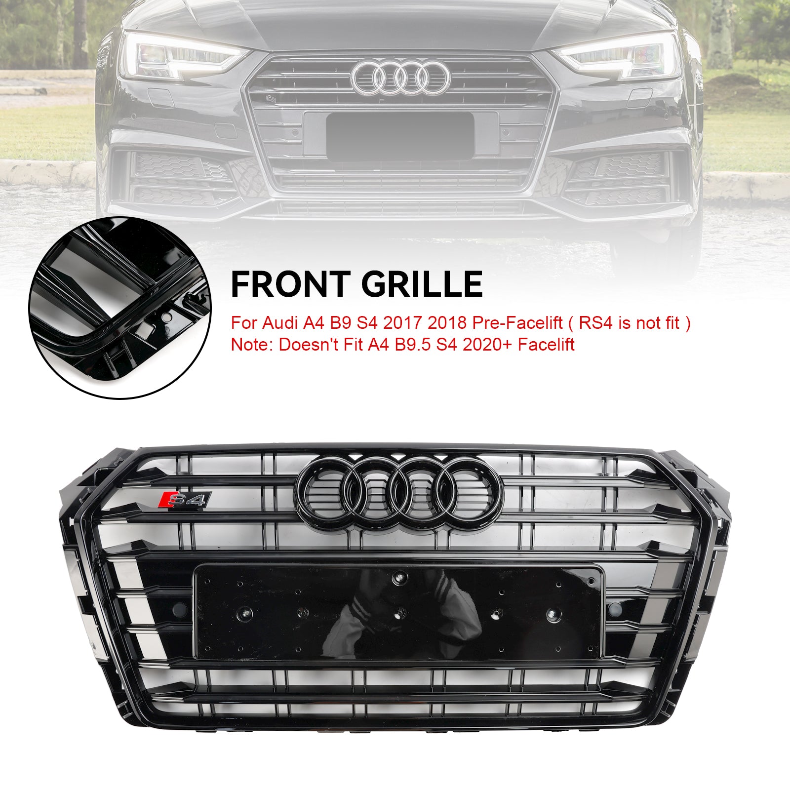 Grille de pare-chocs avant à lamelles horizontales de style Audi A4/S4 B9 S4 2016-2019, calandre noire avec emblème en anneau