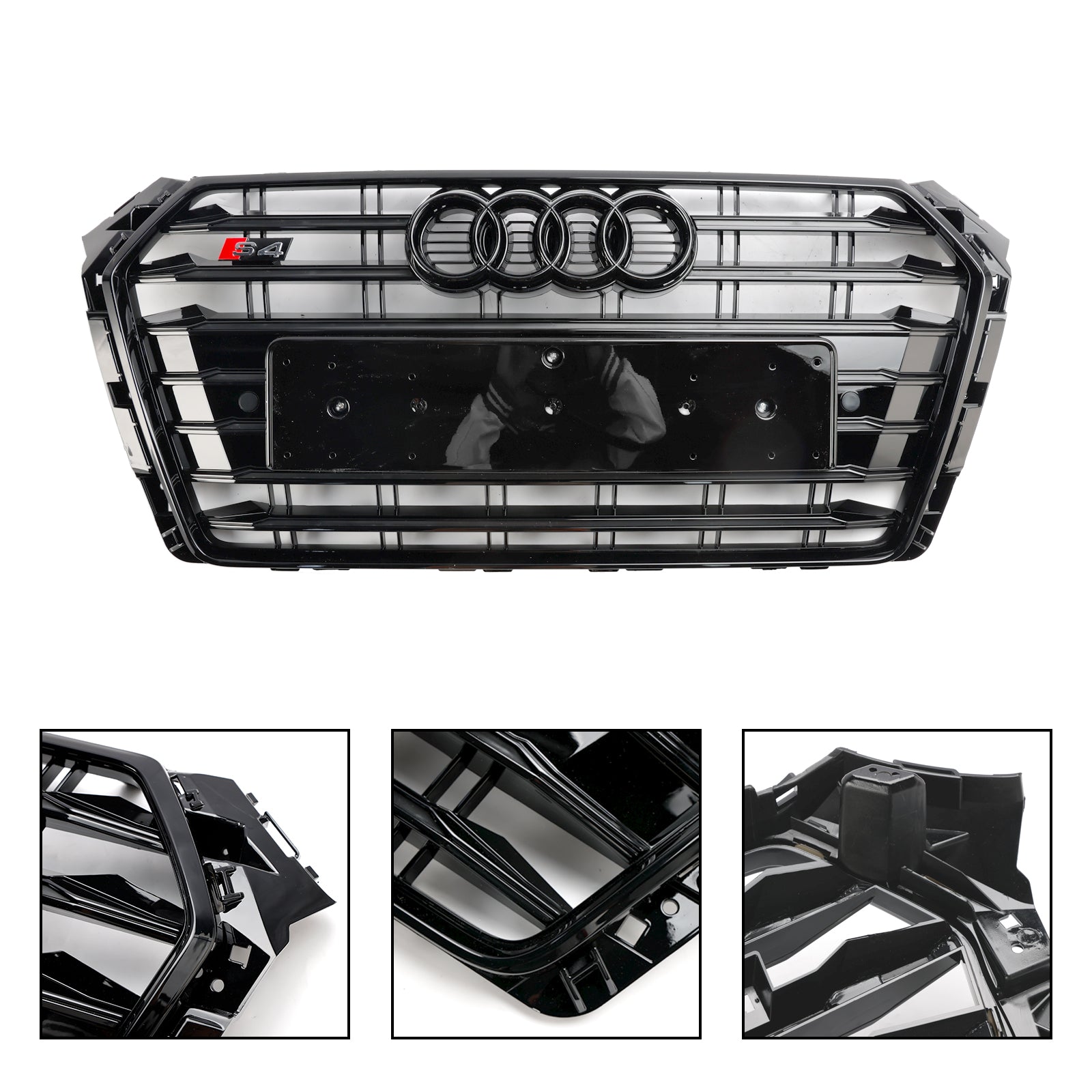 Parachoques delantero estilo Audi A4/S4 B9 S4 2016-2019 con rejilla horizontal y emblema de anillo, color negro