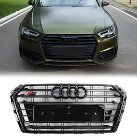 2016–2019 Audi A4/S4 B9 S4 Style Frontstoßstange, horizontaler Lamellengrill, schwarzer Kühlergrill mit Ringemblem