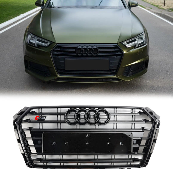 2016–2019 Audi A4/S4 B9 S4 Style Frontstoßstange, horizontaler Lamellengrill, schwarzer Kühlergrill mit Ringemblem