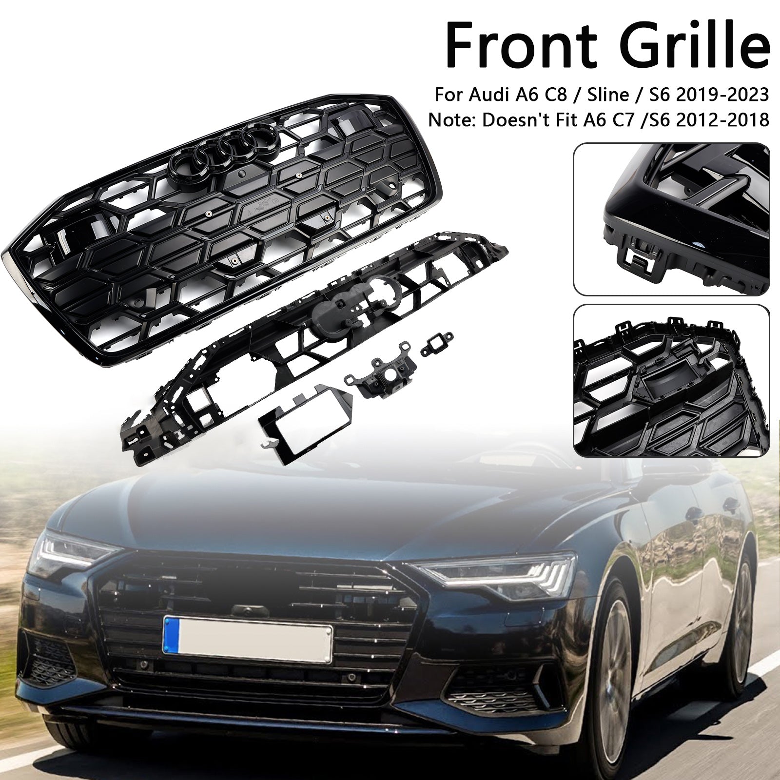 Audi A6 / A6 Sline / S6 C8 2019-2023 S6 Grille de pare-chocs avant noire en nid d'abeille avec emblème noir - 0