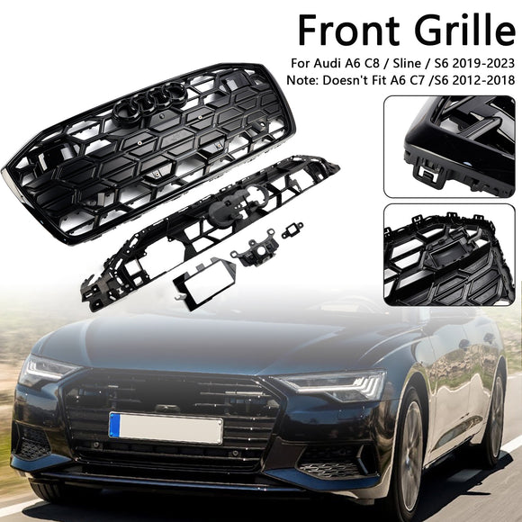 Rejilla estilo S6 para Audi A6/A6 Sline/S6 C8 2019-2023, rejilla negra de malla de parachoques delantero con emblema de anillo negro