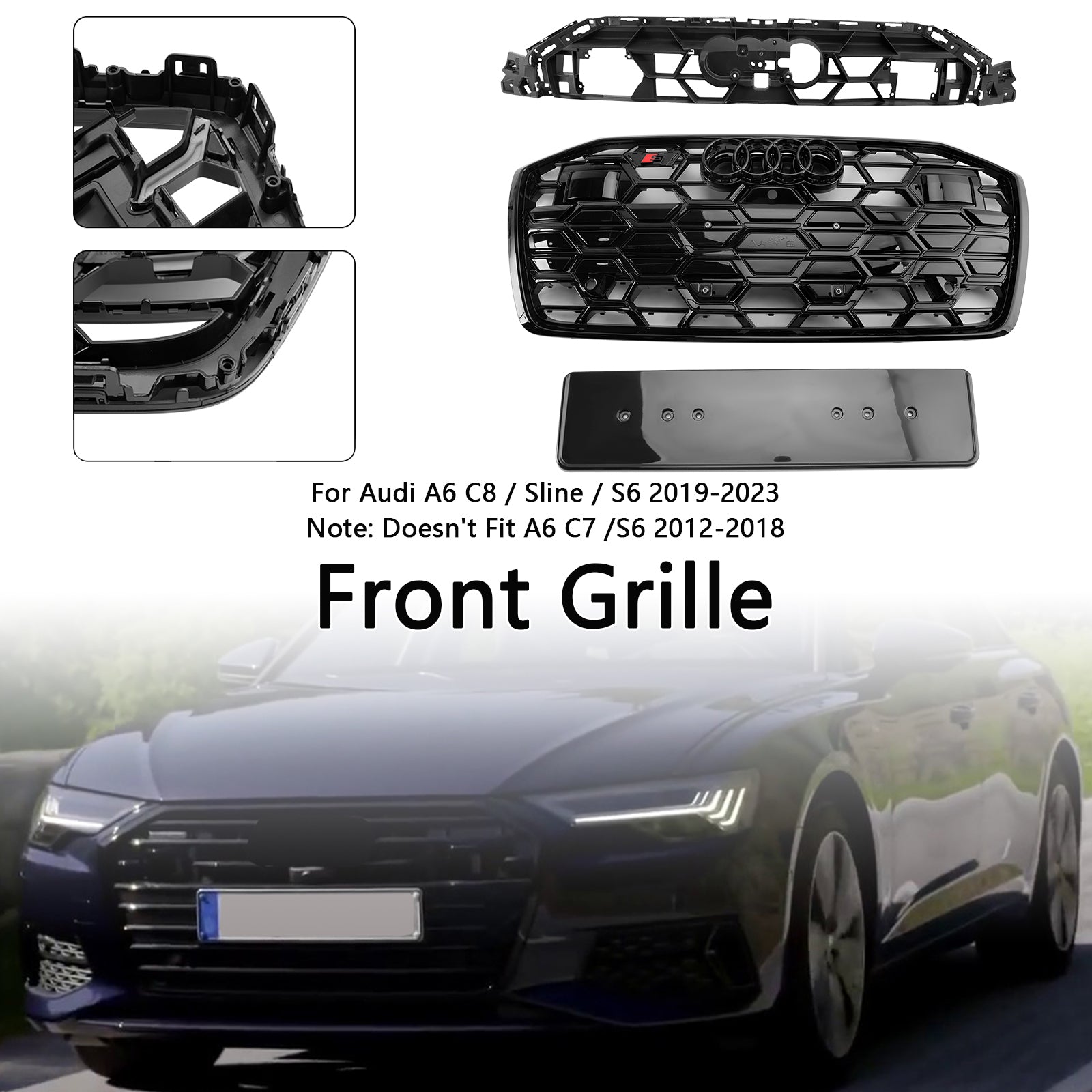 Audi A6 / A6 Sline / S6 C8 2019-2023 S6 Honeycomb Style Grill Black Front Bumper Grille W/ Black Emblem