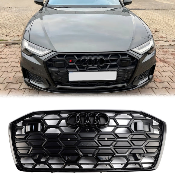 Rejilla estilo S6 para Audi A6/A6 Sline/S6 C8 2019-2023, rejilla negra de malla de parachoques delantero con emblema de anillo negro