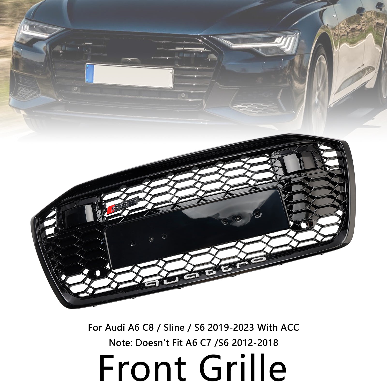 2019-2023 Audi A6 / A6 Sline / S6 C8 RS6 Style Honeycomb Grill Front Bumper Glossy Black Grille W/ACC