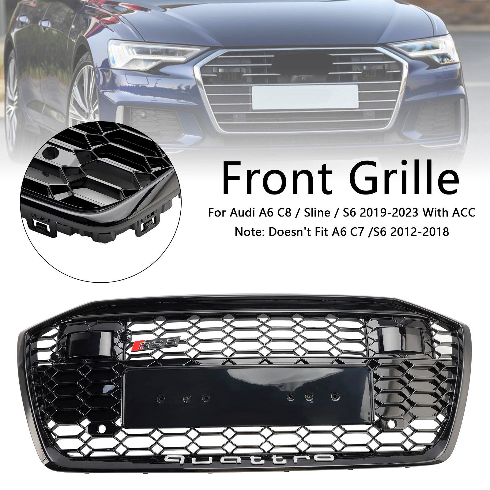 Parachoques delantero con rejilla de panal estilo Audi A6 / A6 Sline / S6 C8 RS6 2019-2023, color negro brillante, con ACC