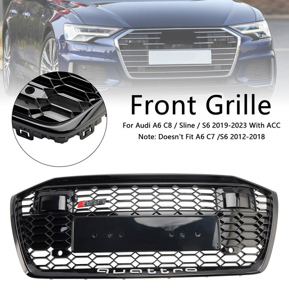 2019-2023 Audi A6/A6 Sline/S6 C8 RS6 Estilo Parrilla de panal Parachoques delantero Parrilla negra brillante con ACC