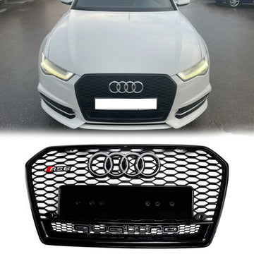 Audi A6/S6 C7 2015–2018 Facelift, RS6-Stil, Wabengitter-Frontgrill, schwarzer Kühlergrill mit silberfarbenem Emblem