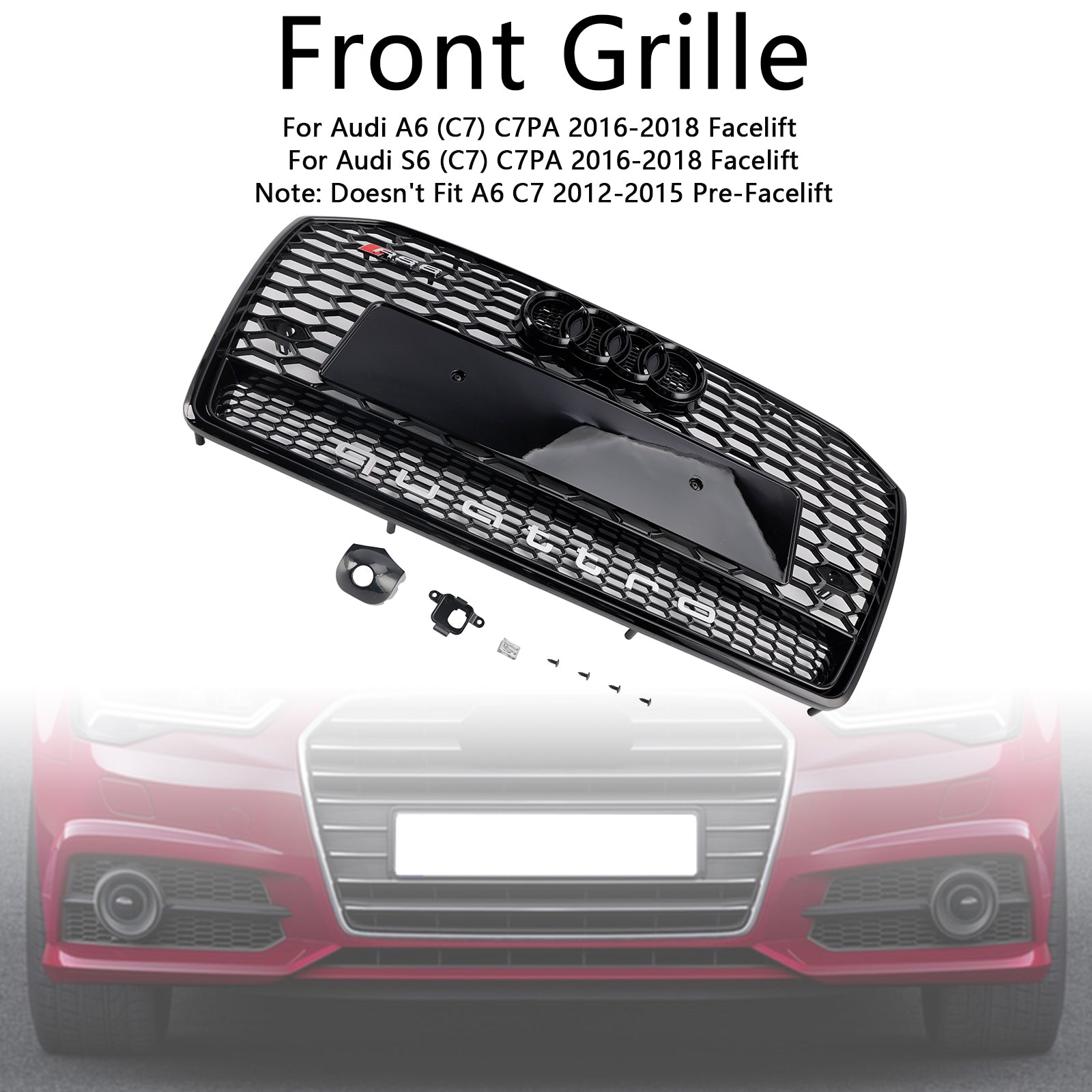 Audi A6 / A6 Sline / S6 C7 2016-2018 Honeycomb Front Grill RS Glossy Black Air Intake Radiator Grille W/ Ring Emblem