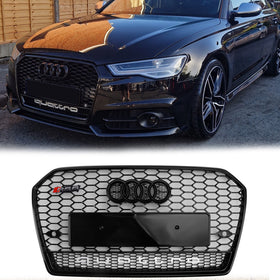 Audi A6/A6 Sline/S6 C7 2015-2018 RS6 Quattro Style Black Grill Honeycomb Mesh Grade do para-choque dianteiro com emblema de anel preto