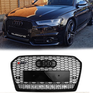 Audi A6/A6 Sline/S6 C7 2015–2018 RS6 Quattro Stil, schwarzer Grill, Wabengitter-Frontstoßstangengrill mit schwarzem Ringemblem
