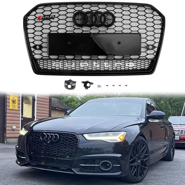 Audi A6/A6 Sline/S6 C7 2015–2018 RS6 Quattro Stil, schwarzer Grill, Wabengitter-Frontstoßstangengrill mit schwarzem Ringemblem - 0