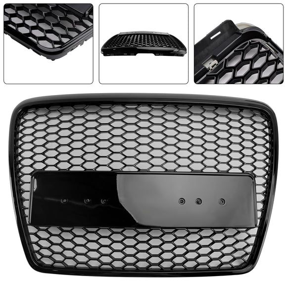 2004-2011 Audi A6 C6 Honeycomb Grill Front Bumper RS Style Black Replacement Grille With Sensor Hole