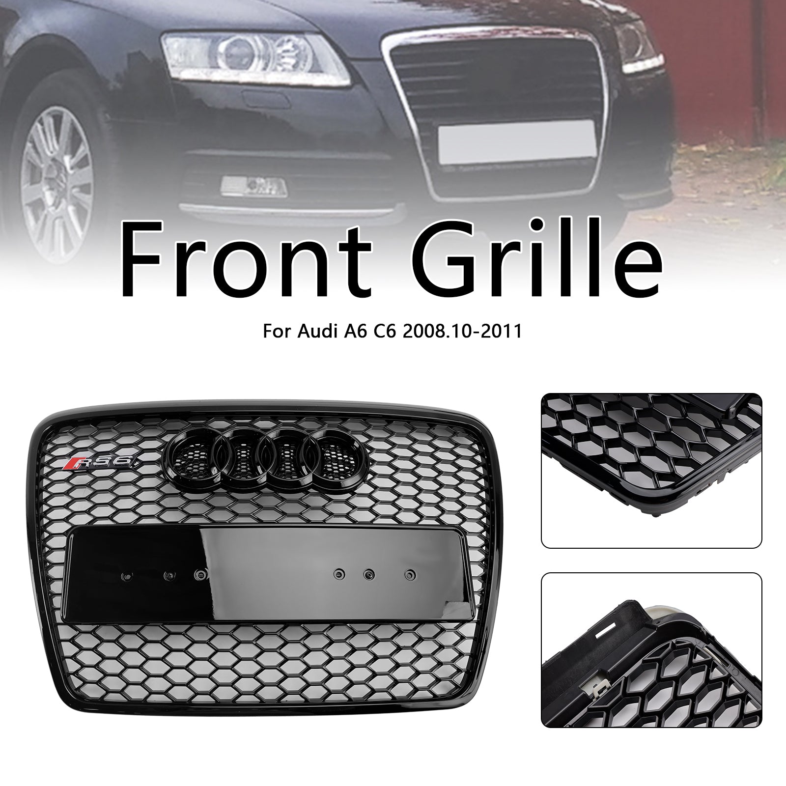 2008-2011 Audi A6 /S6 /A6 Sline C6 RS6 Style Grill Front Bumper Honeycomb Sport Mesh Hex Black Grille W/ Emblem