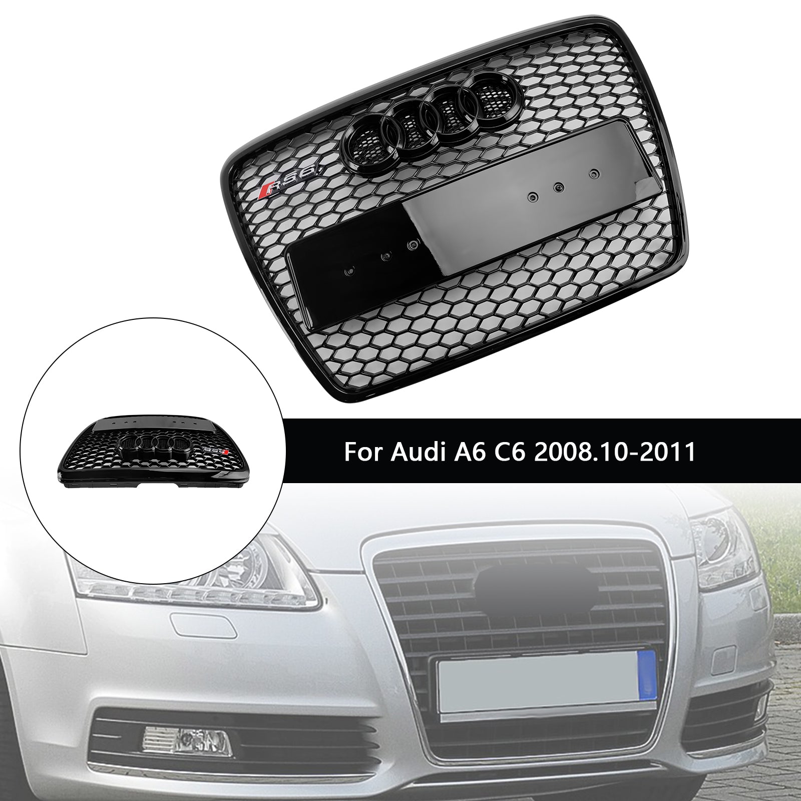 2008-2011 Audi A6 / S6 / A6 Sline C6 RS6 Style Grille Pare-chocs avant Nid d'abeille Sport Mesh Hex Grille noire avec emblème