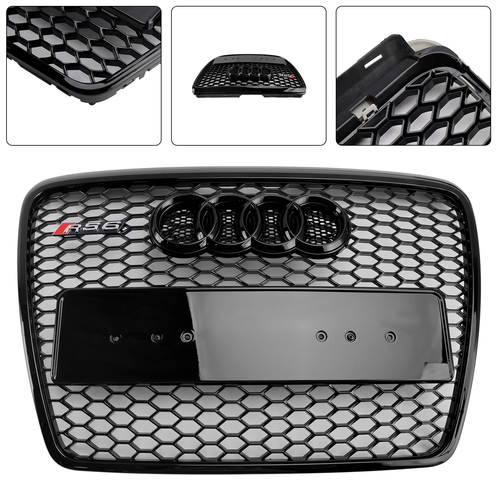 2008-2011 Audi A6 /S6 /A6 Sline C6 RS6 Style Grill Front Bumper Honeycomb Sport Mesh Hex Black Grille W/ Emblem