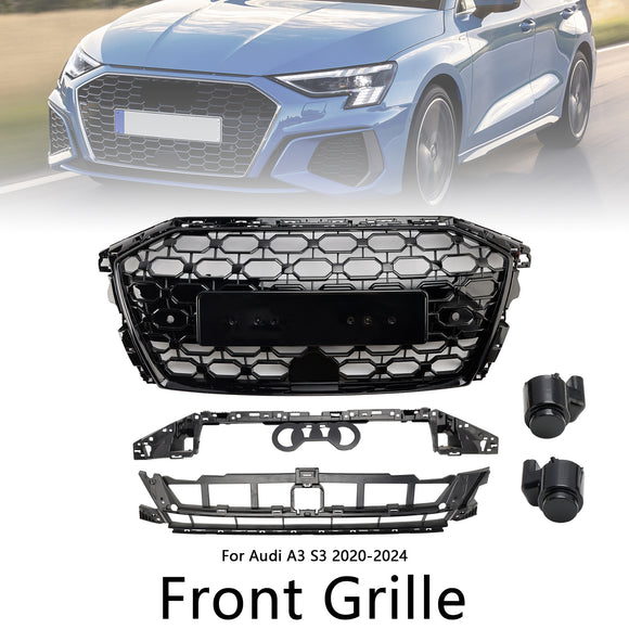 Parrilla estilo Audi A3/A3 Sline/S3 RS3 2020-2024, parachoques delantero, rejilla de repuesto negra tipo panal