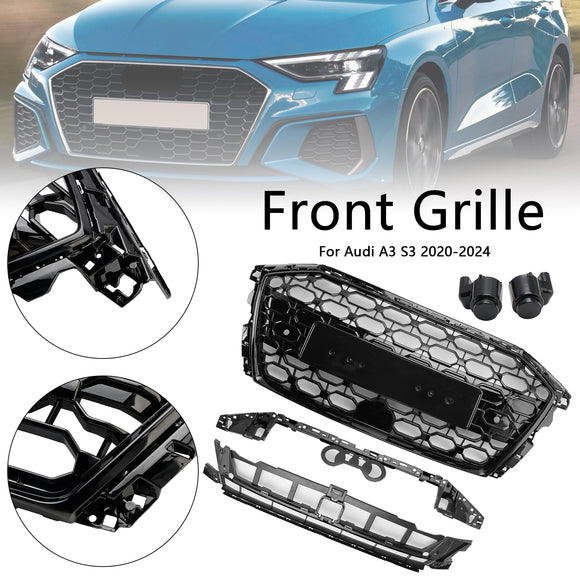 Parrilla estilo Audi A3/A3 Sline/S3 RS3 2020-2024, parachoques delantero, rejilla de repuesto negra tipo panal
