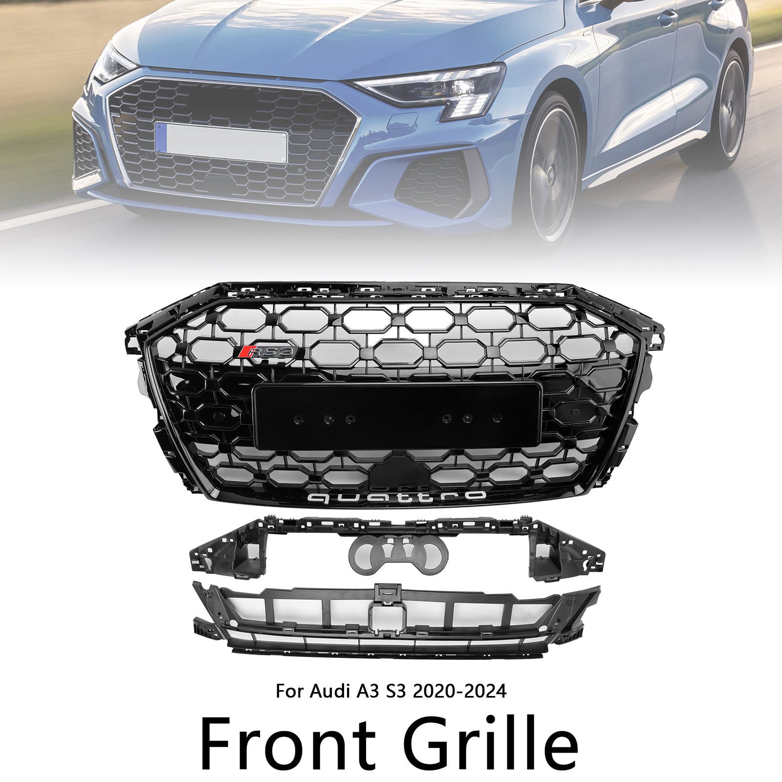 2020-2024 Audi A3 / S3 RS3 Style Honeycomb Grill Front Bumper Glossy Black Grille