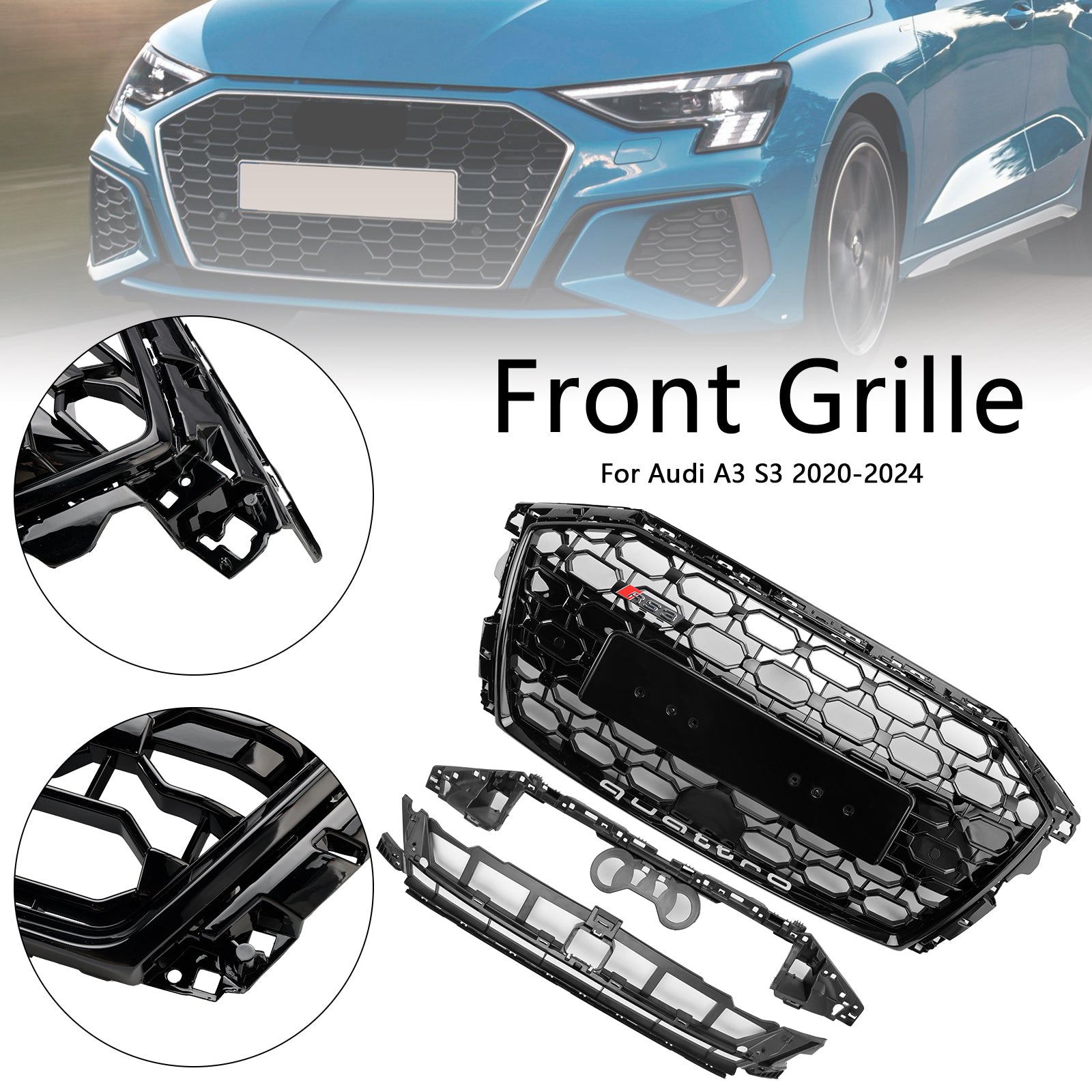 2020-2024 Audi A3 / S3 RS3 Style Honeycomb Grill Front Bumper Glossy Black Grille