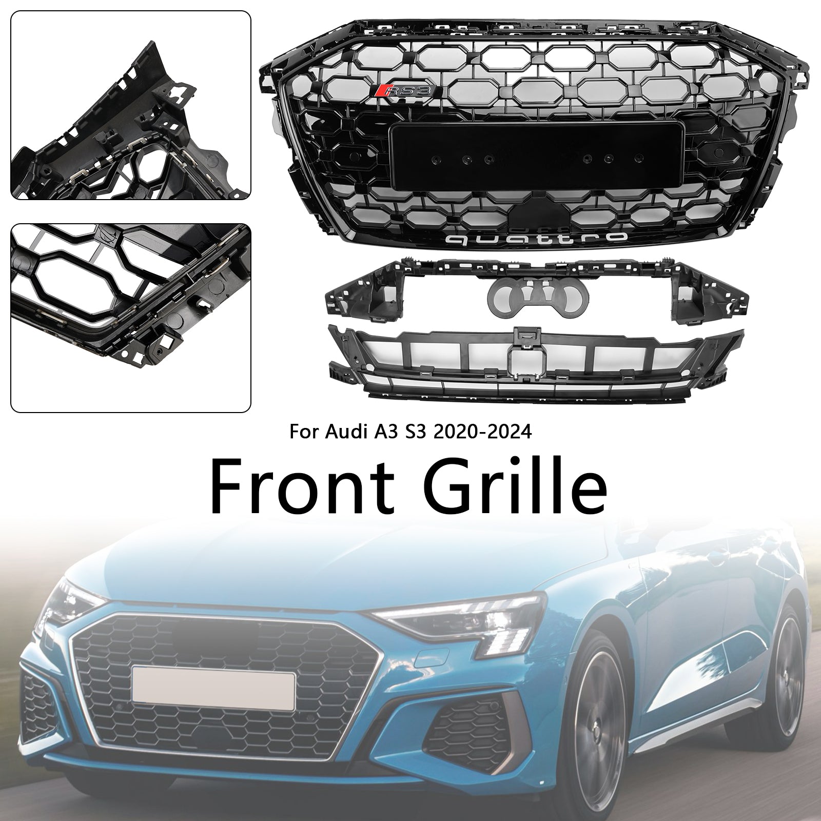 2020-2024 Audi A3 / S3 RS3 Style Honeycomb Grill Front Bumper Glossy Black Grille