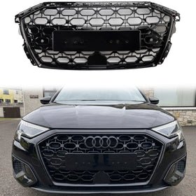 Audi A3 / A3 Sline / S3 2020-2024 Honeycomb Front Grill Upper Bumper RS Style Gloss Black Grille