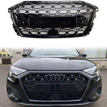 Audi A3 / A3 Sline / S3 2020-2024 Honeycomb Front Grill Upper Bumper RS Style Gloss Black Grille