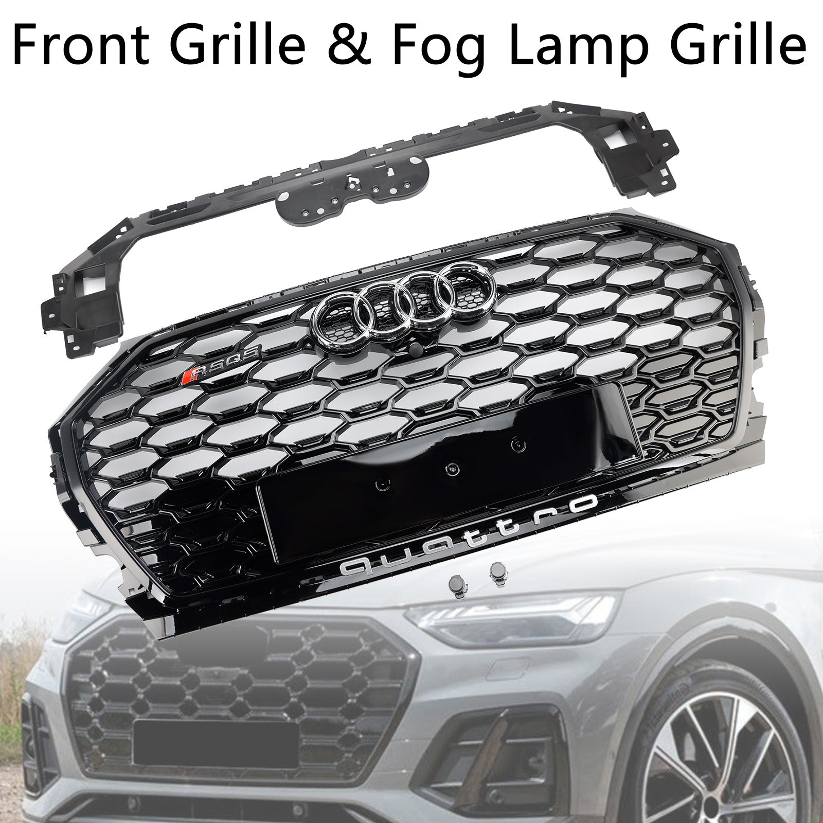 Parrilla estilo Audi Q5/SQ5 RSQ5 2021-2025, parachoques delantero, malla de panal, parrilla negra con emblema de anillo - 0