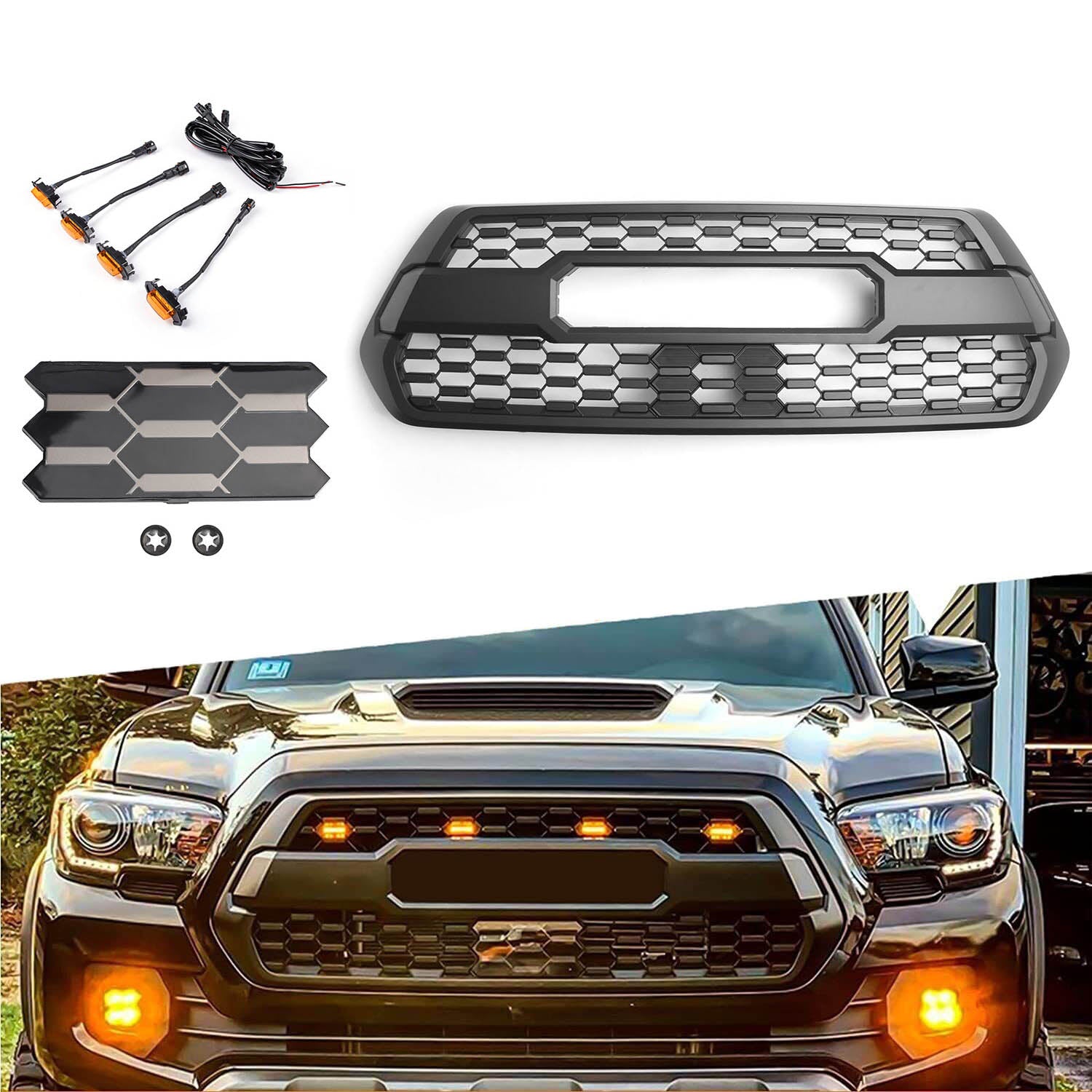 Toyota Tacoma TRD Pro 2016-2023 Kit de parrilla + cubierta del sensor de guarnición ACC DRCC + luces LED genéricas