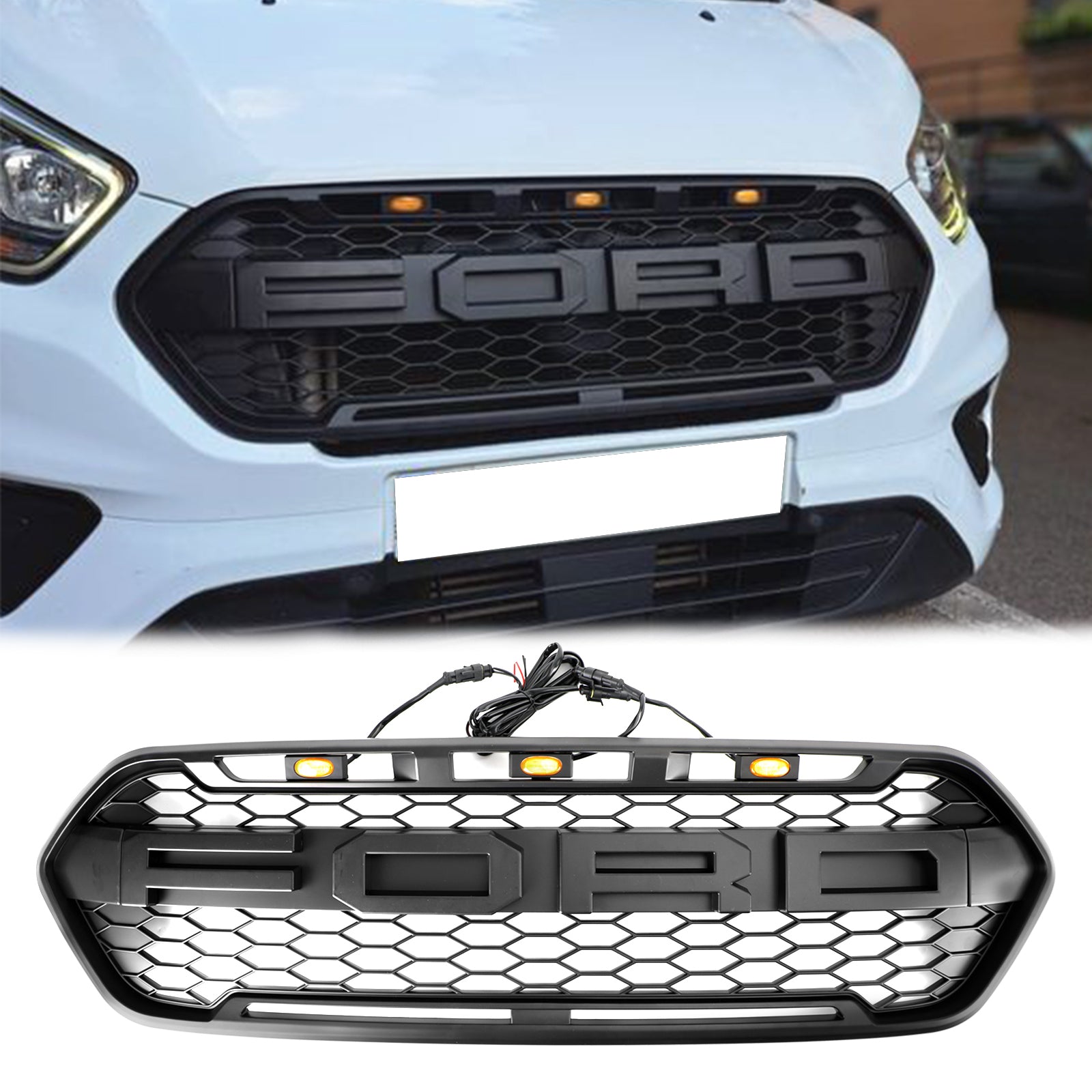 2018-2023 Ford Transit Custom Raptor Style Grill Matte Black Front Bumper Grille W/3LED