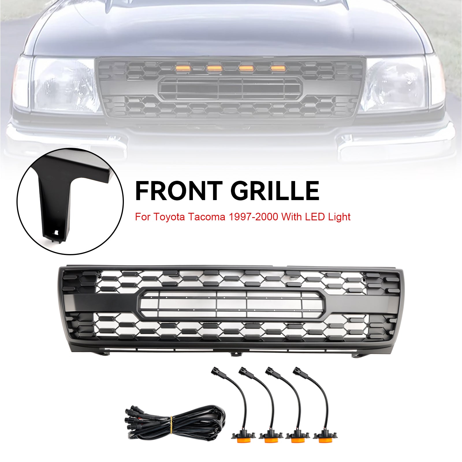 Toyota Tacoma 1997-2000 Honeycomb Front Bumper Grill TRD PRO Style Black Grille W/LED