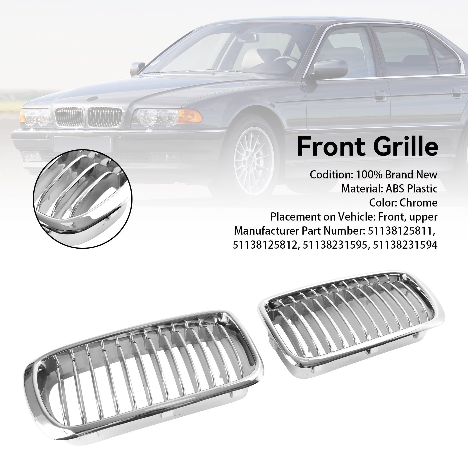 BMW 1994-2001 BMW 7 Series E38 740i/740iL/750iL/728i/735i Front Kidney Grill Chrome Grille