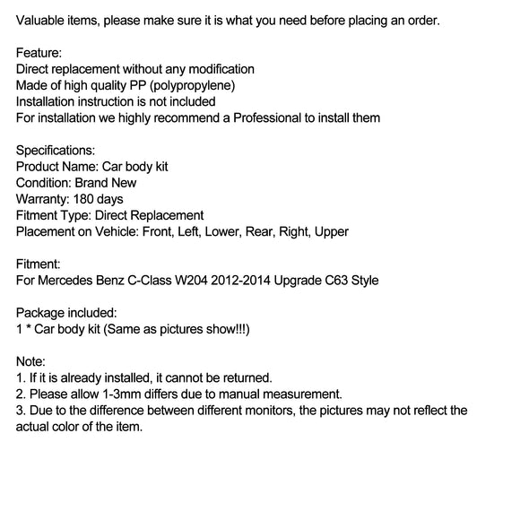 Kit de carroceria com para-choques dianteiro e traseiro compatível com Mercedes-Benz W204 Atualização 2012-14 Estilo C63