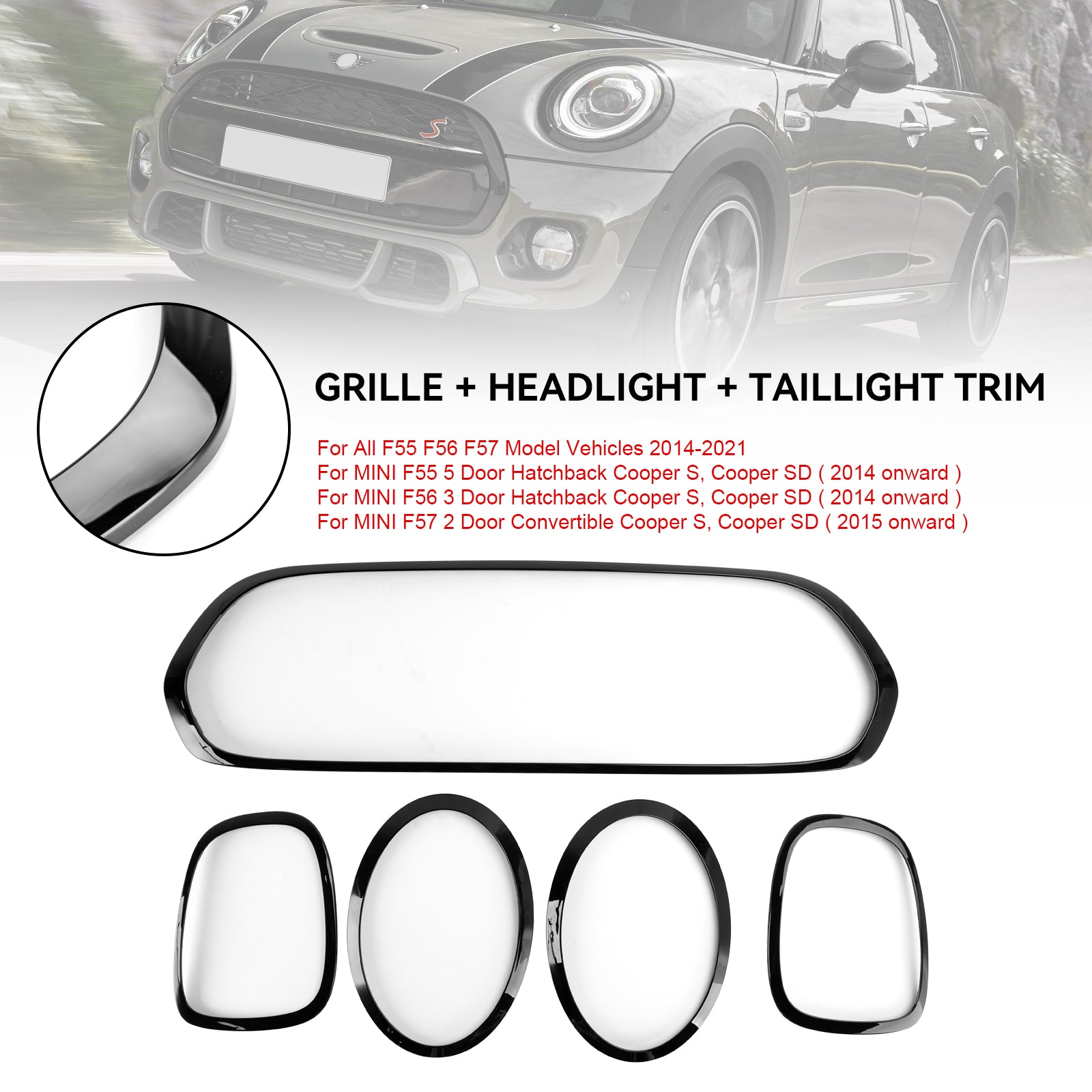 Mini F57 2 Door Convertible Cooper S, Cooper SD 2015-2021 Black Grill + Headlight + Taillight Trim Generic