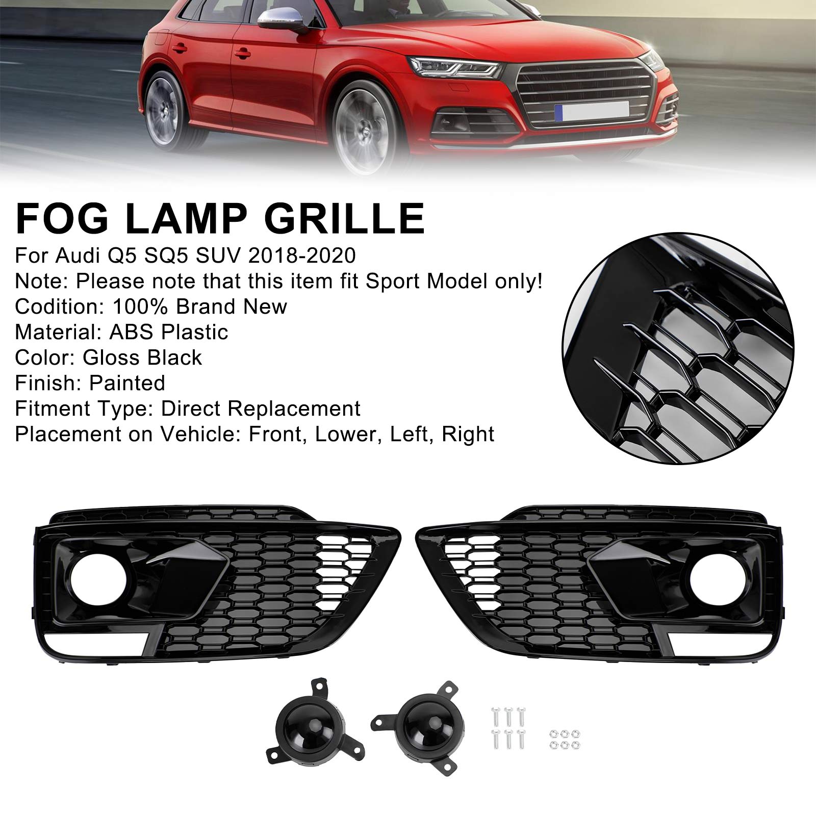 Audi 2018-2020 RSQ5 Q5 SQ5 SUV Black Front Honeycomb Fog Lamp Grilles Cover